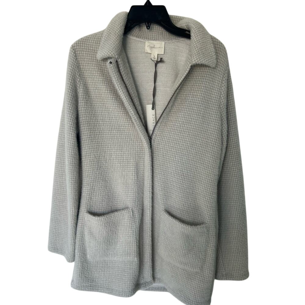 NWT Magnolia Grace Cashmere Zip-Up Gray Herringbone Sweater Jacket
